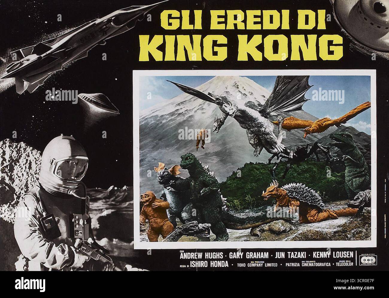 1968 italienische Lobbykarte für den Film Destroy All Monsters (Gli Eredi di King Kong) Stockfoto
