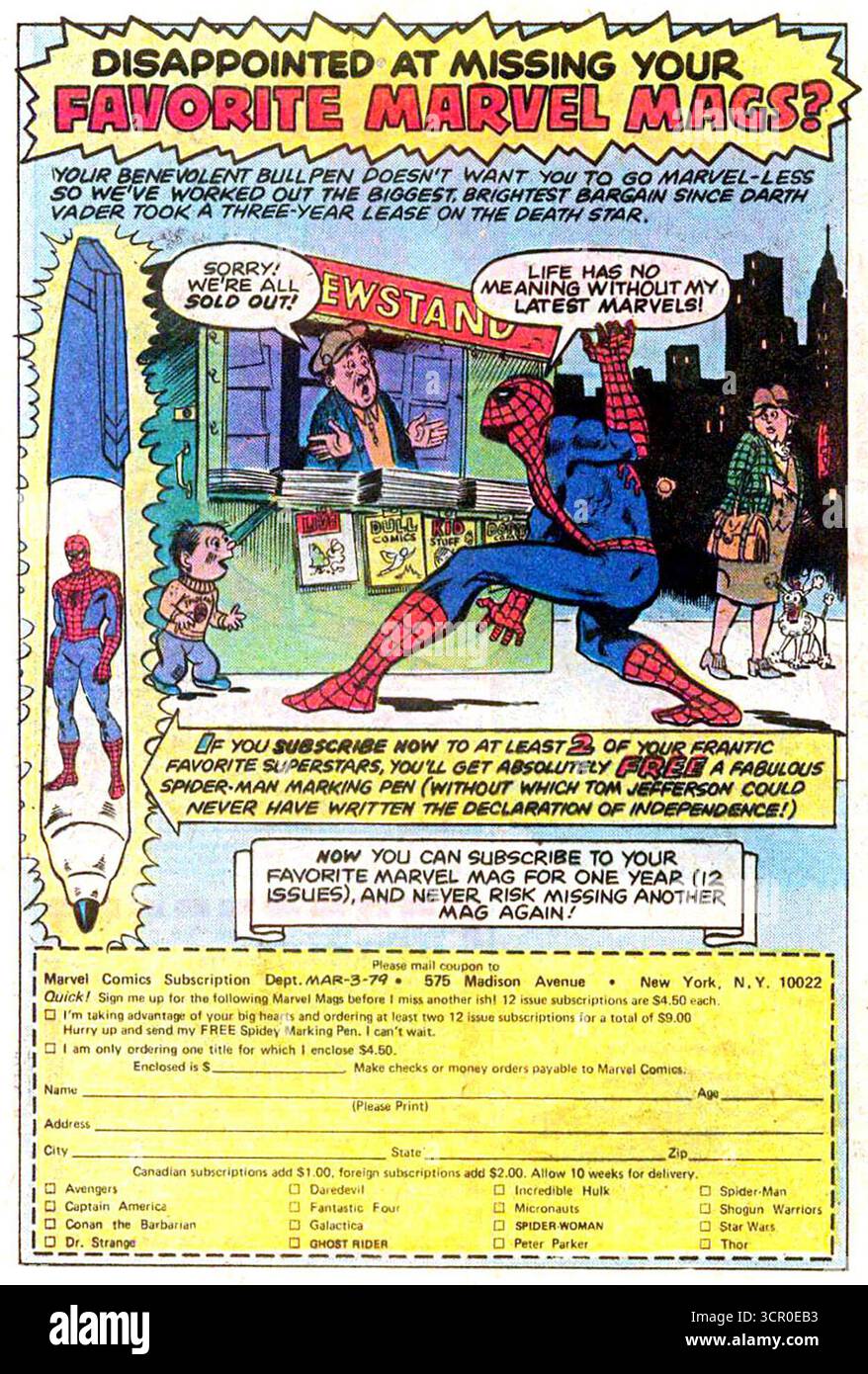 1978 Marvel Comic-Werbespot mit Spider-man am Zeitungskiosk Verpassen Sie nicht Ihre Lieblings-Marvel Mags Stockfoto