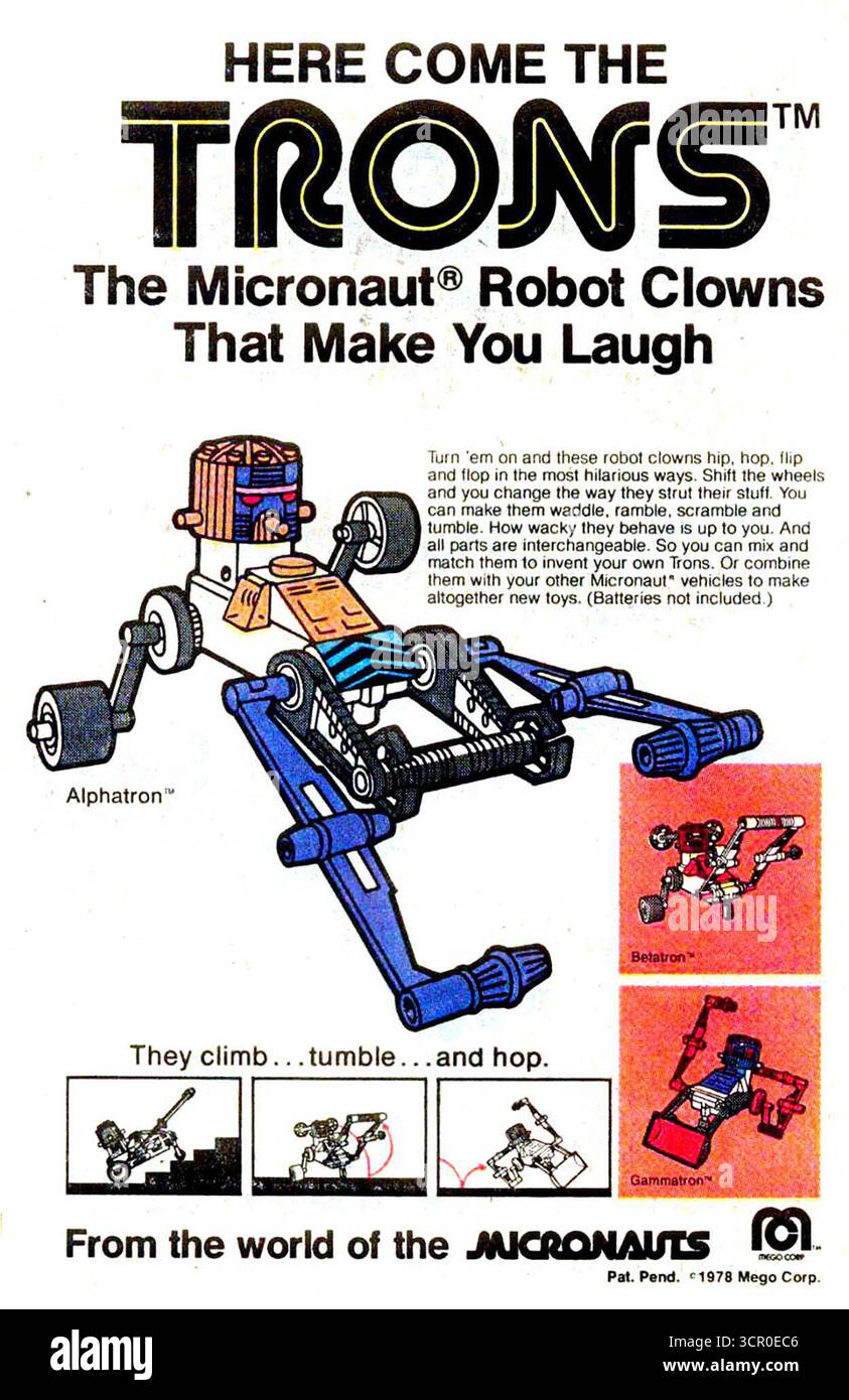 1979 Trons Micronaut Roboter Clowns Werbung Stockfoto