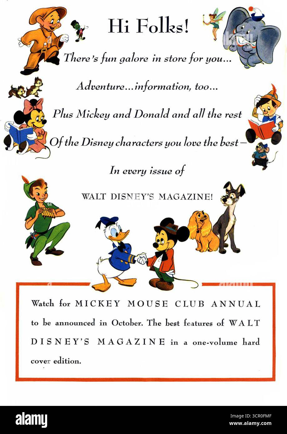 1957 Walt Disney's Magazine und der Mickey Mouse Club Annual.Ad Stockfoto