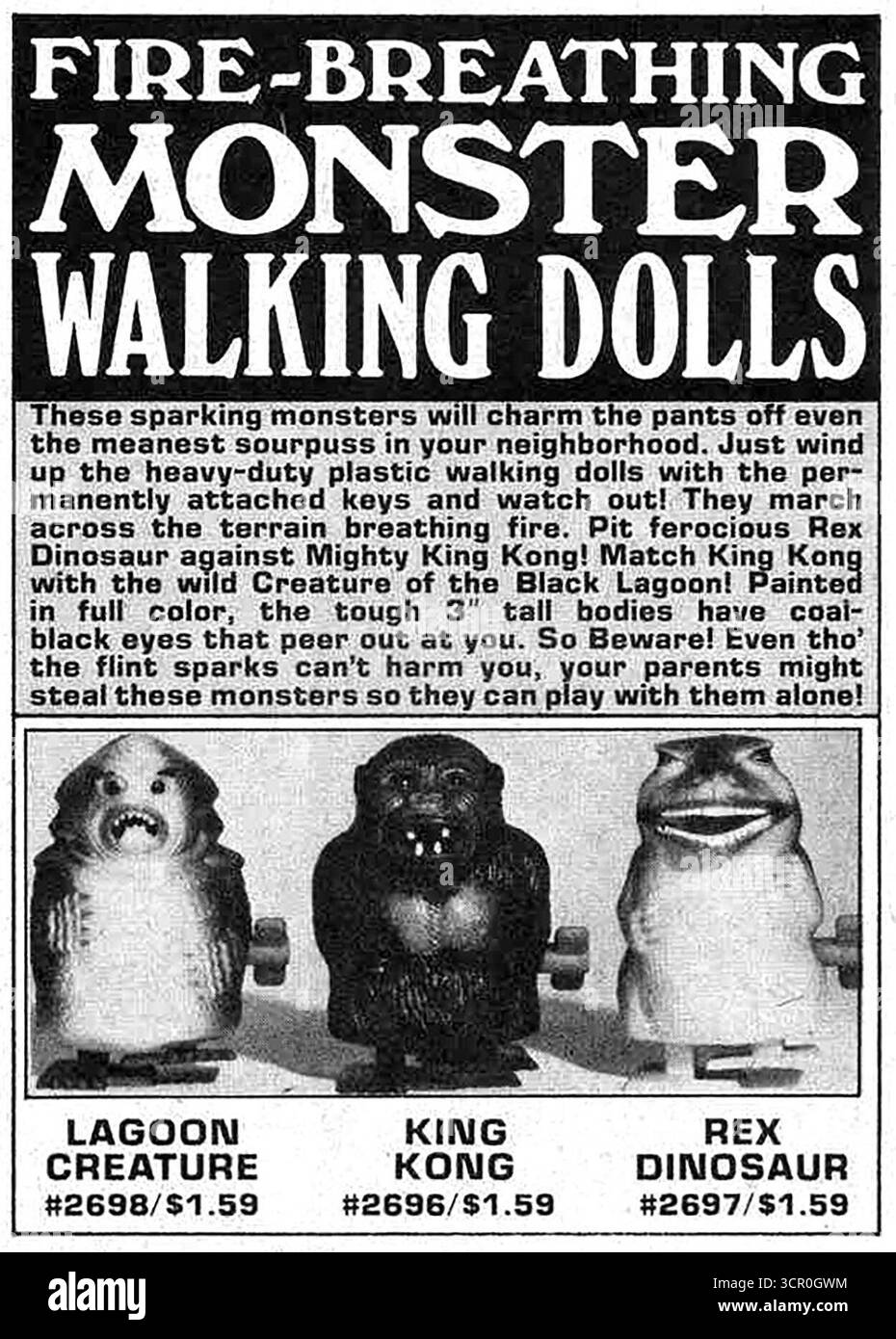 1975 Werbespot für feuerhemmende Monster Walking Dolls Stockfoto