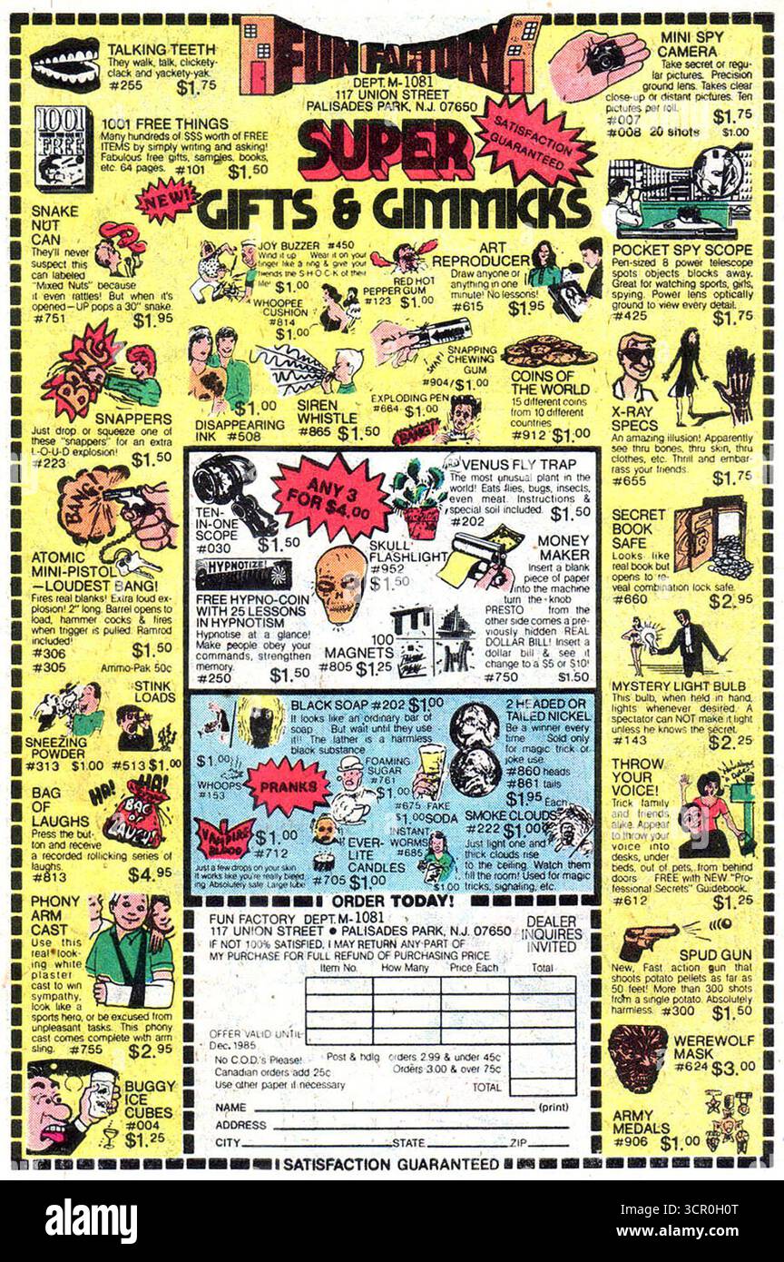 1978 Fun Factory Werbespot mit Geschenken und Gimmicks, in denen verschiedene Neuheiten mit ihren Preisen angeboten werden, z. B. „Talking Teeth“, „X-Ray Specs“ und eine „Spud Gun“. Stockfoto