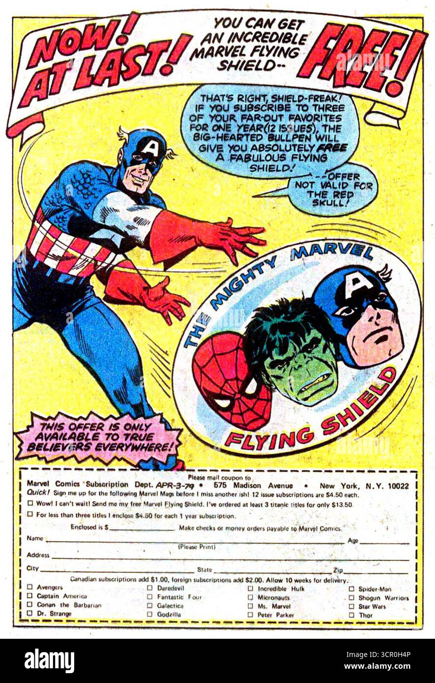 1977 Marvel Comics-Abonnement-Werbeanzeige, in der Captain America für einen „KOSTENLOSEN“ WERBESPOT wirbt! Spielzeug mit fliegendem Schild. Stockfoto