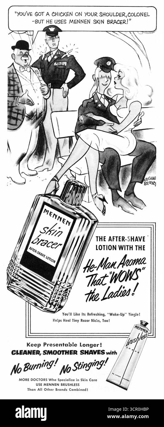 1951 Mennen Skin Armschienen After Shave Werbespot mit einem Kunstwerk von Michael Berry, „He-man Aroma That „Wows“ the Ladies!“ Stockfoto