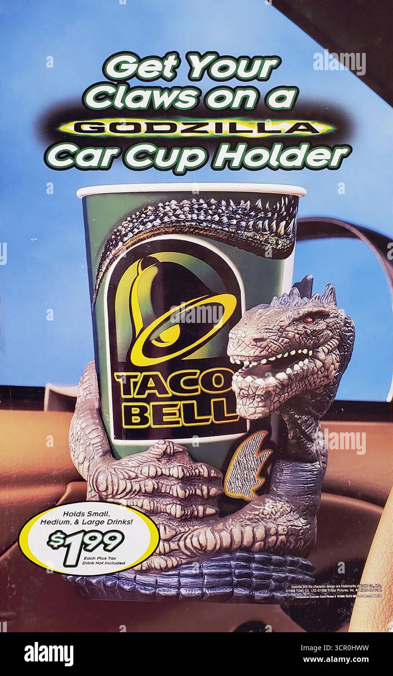 1998 Taco Bell's Godzilla Getränkehalter Werbespot Stockfoto