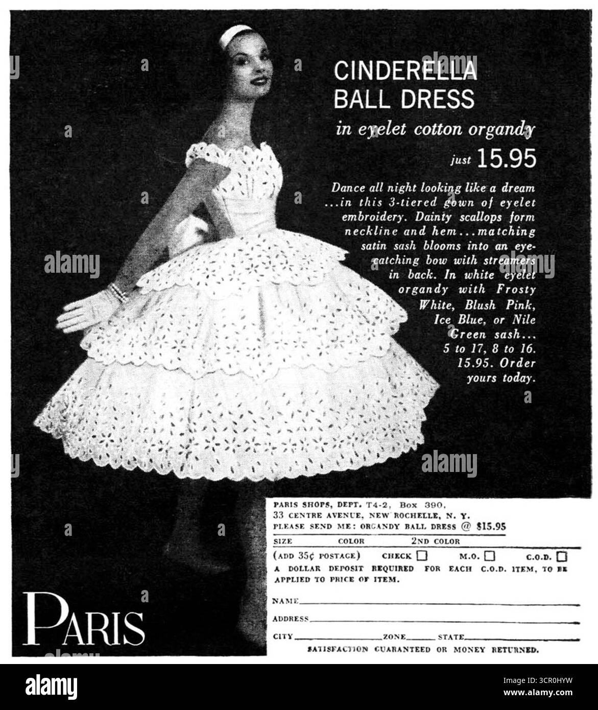 1960 Cinderella Ballkleid in Baumwoll-Organdy-Werbung mit Ösen, Paris Shop, N.Y. Stockfoto