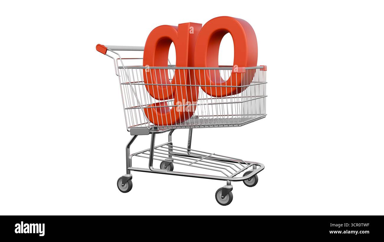 Ein roter Einkaufswagen steht leer vor weißem Hintergrund, über dem die Buchstaben fett geschrieben sind, was auf ein großes Verkaufsereignis hinweist Stockfoto