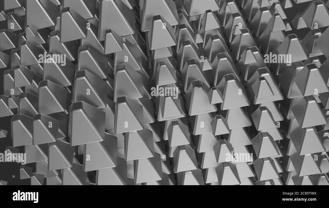 Eine Vielzahl dreieckiger Formen füllen den Raum, geordnet angeordnet. Die blauen Farben verstärken das moderne abstrakte Gefühl und schaffen Tiefe Stockfoto