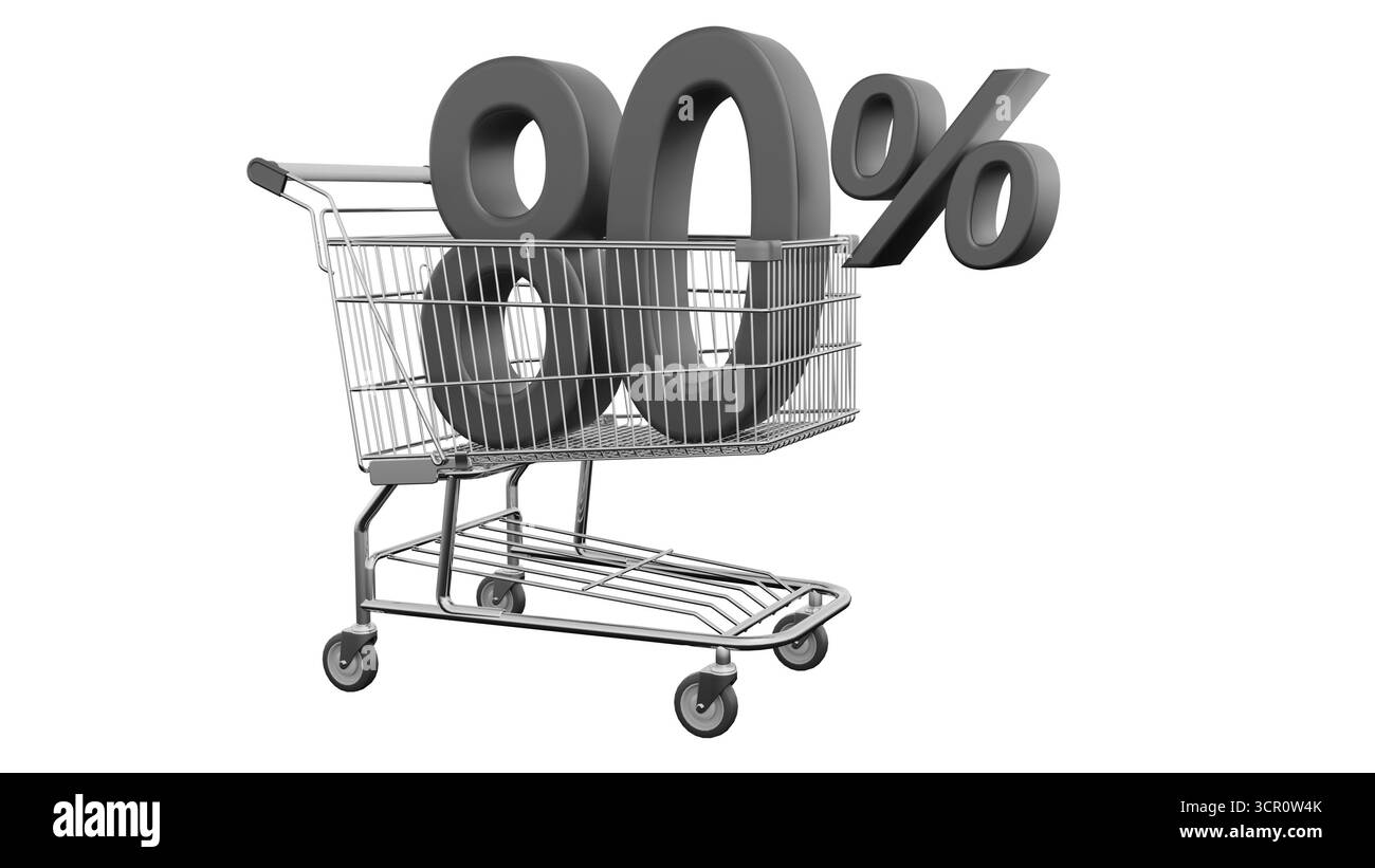 Warenkorb mit großem schwarzen Rabattschild zeigt 80 % Rabatt während der Weihnachtszeit. Black friday Rabattkonzept Stockfoto