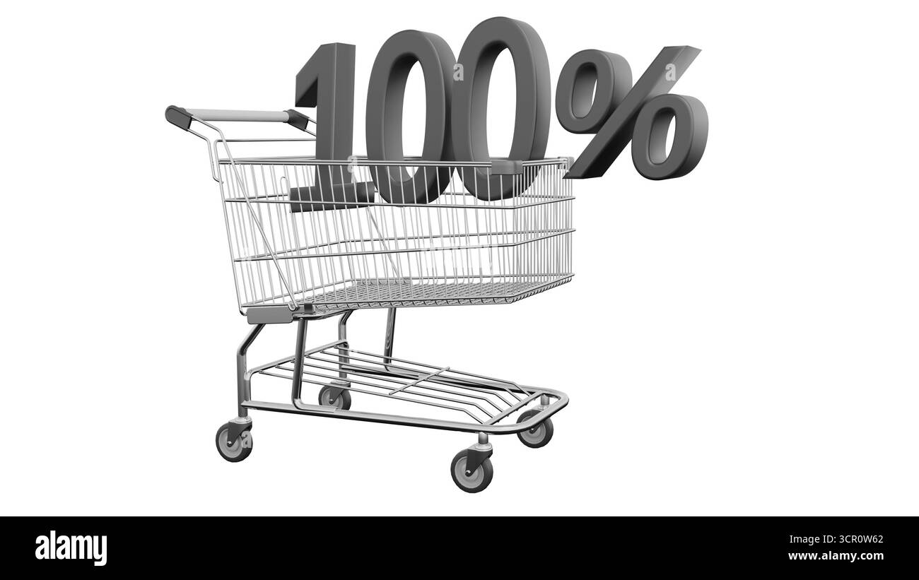 Warenkorb mit großem schwarzen Rabattschild zeigt 100 % Rabatt während der Weihnachtszeit. Black friday Rabattkonzept Stockfoto