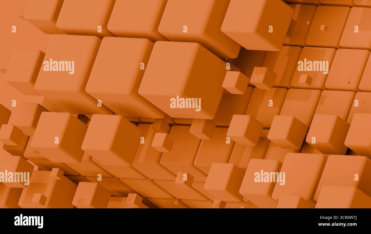 Farbenfrohe orangefarbene Würfel sorgen für ein ansprechendes visuelles Display mit Tiefe und Dimension in einem modernen digitalen Design Stockfoto