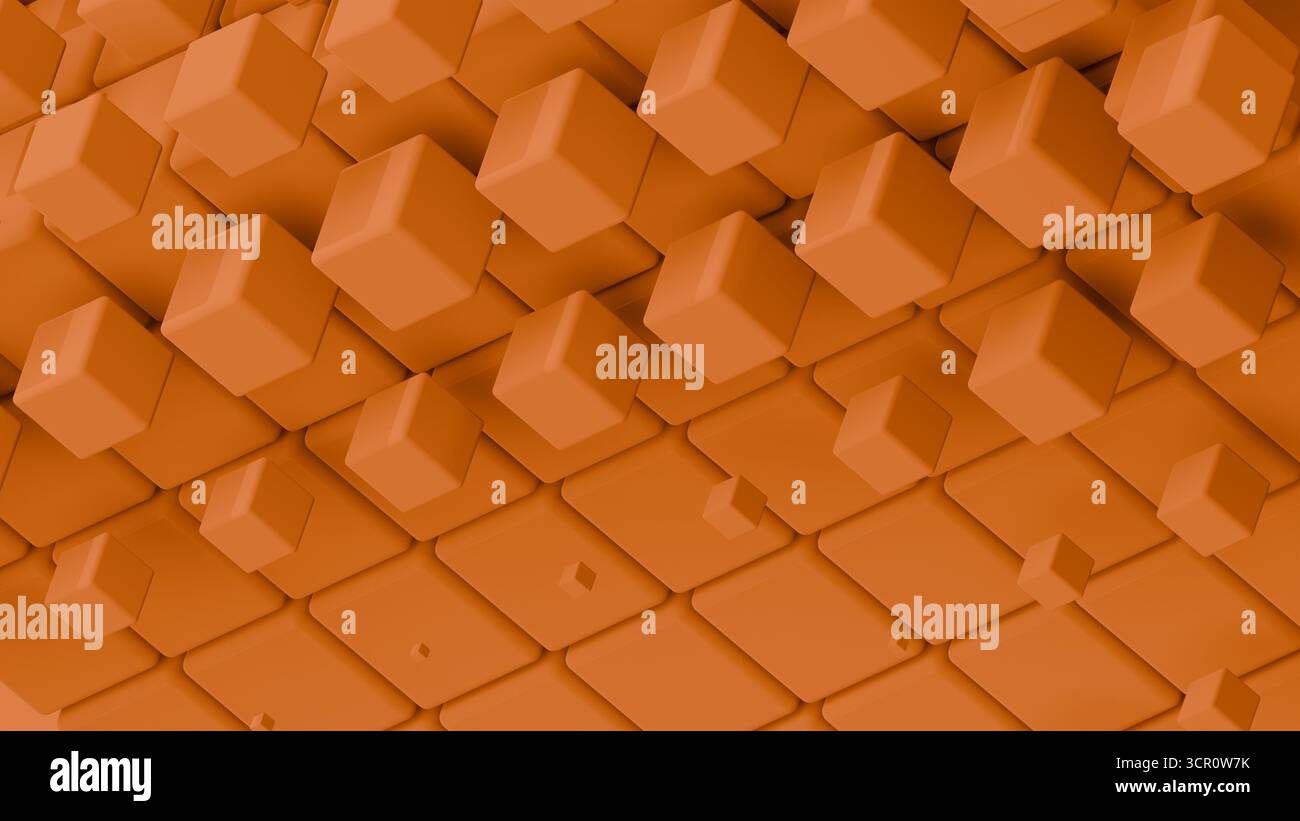 Farbenfrohe orangefarbene Würfel sorgen für ein ansprechendes visuelles Display mit Tiefe und Dimension in einem modernen digitalen Design Stockfoto