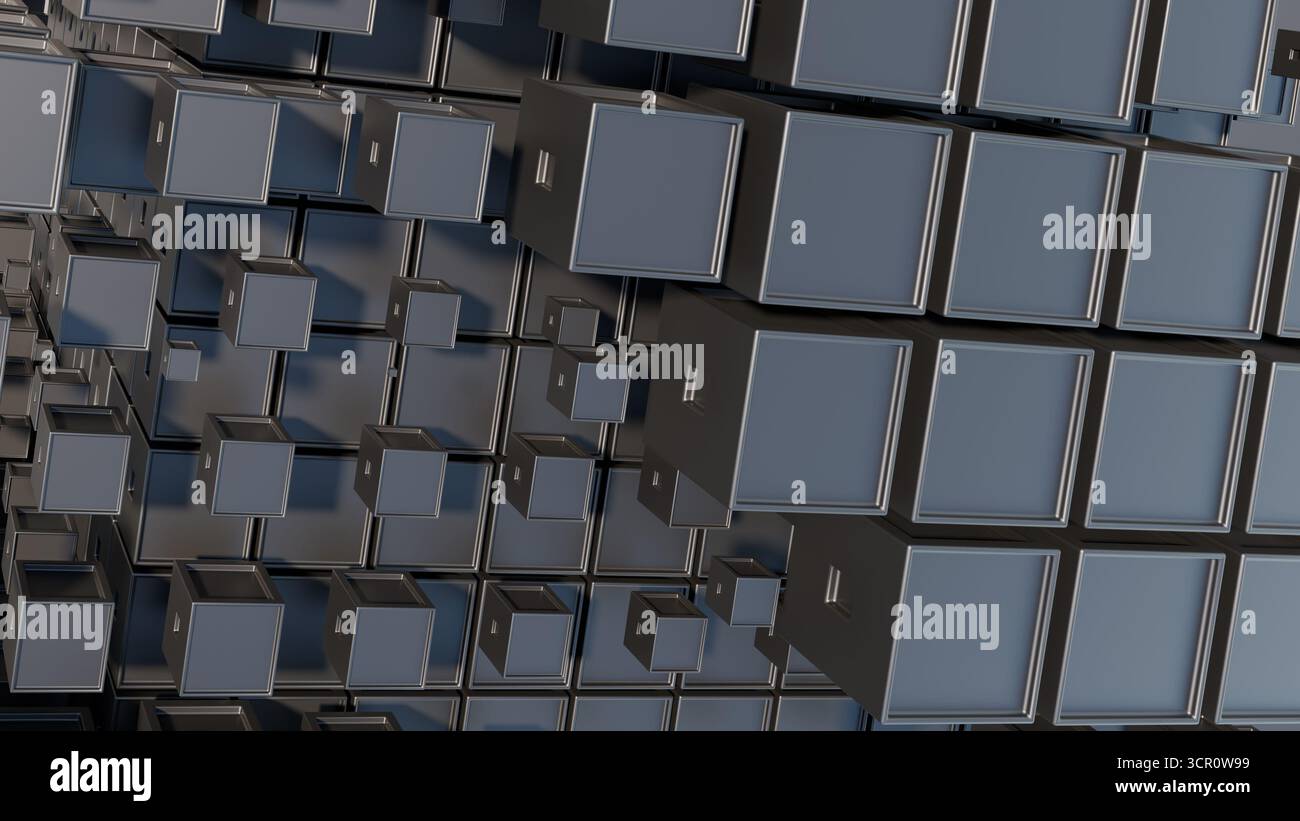 Farbenfrohe graue Würfel sorgen für ein ansprechendes visuelles Display mit Tiefe und Dimension in einem modernen digitalen Design Stockfoto