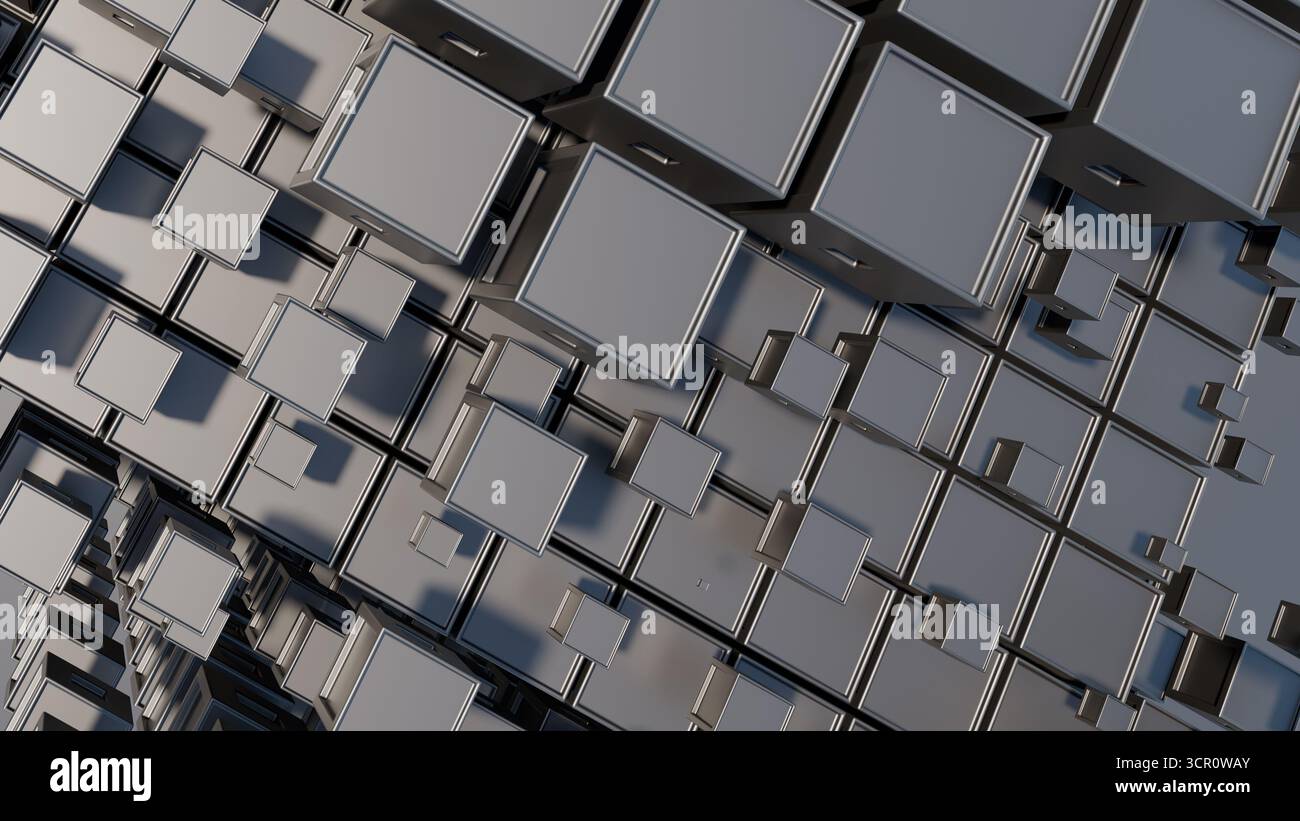 Farbenfrohe graue Würfel sorgen für ein ansprechendes visuelles Display mit Tiefe und Dimension in einem modernen digitalen Design Stockfoto