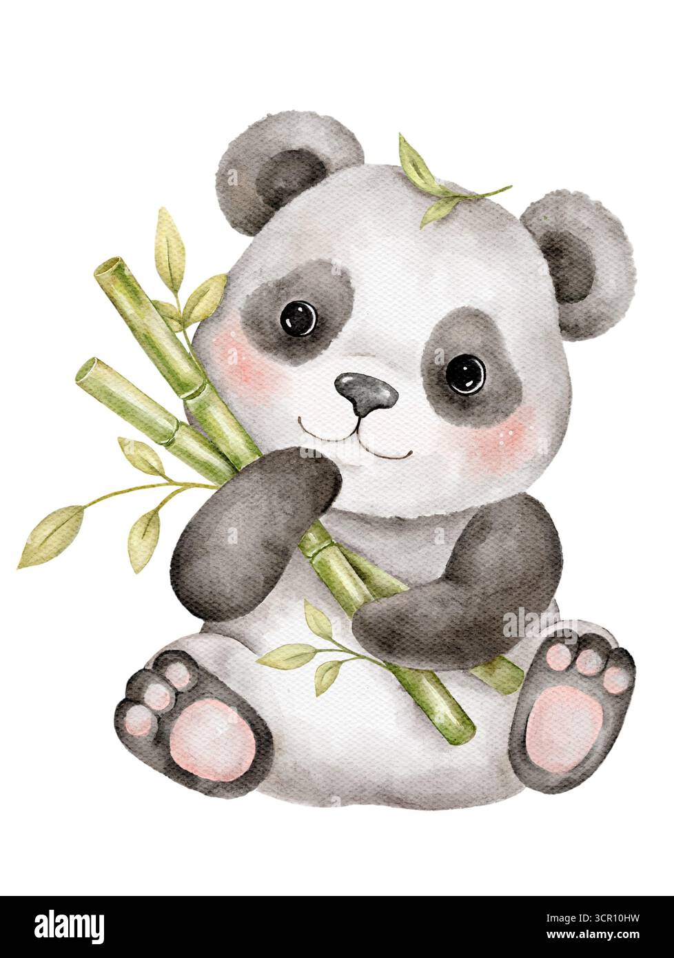 Aquarellzeichnung eines Baby-Panda mit Bambussprossen. Sanfte Pastelltöne unterstreichen die Unschuld und den Charme dieses Charakters, ideal für Kinderzimmer Stockfoto