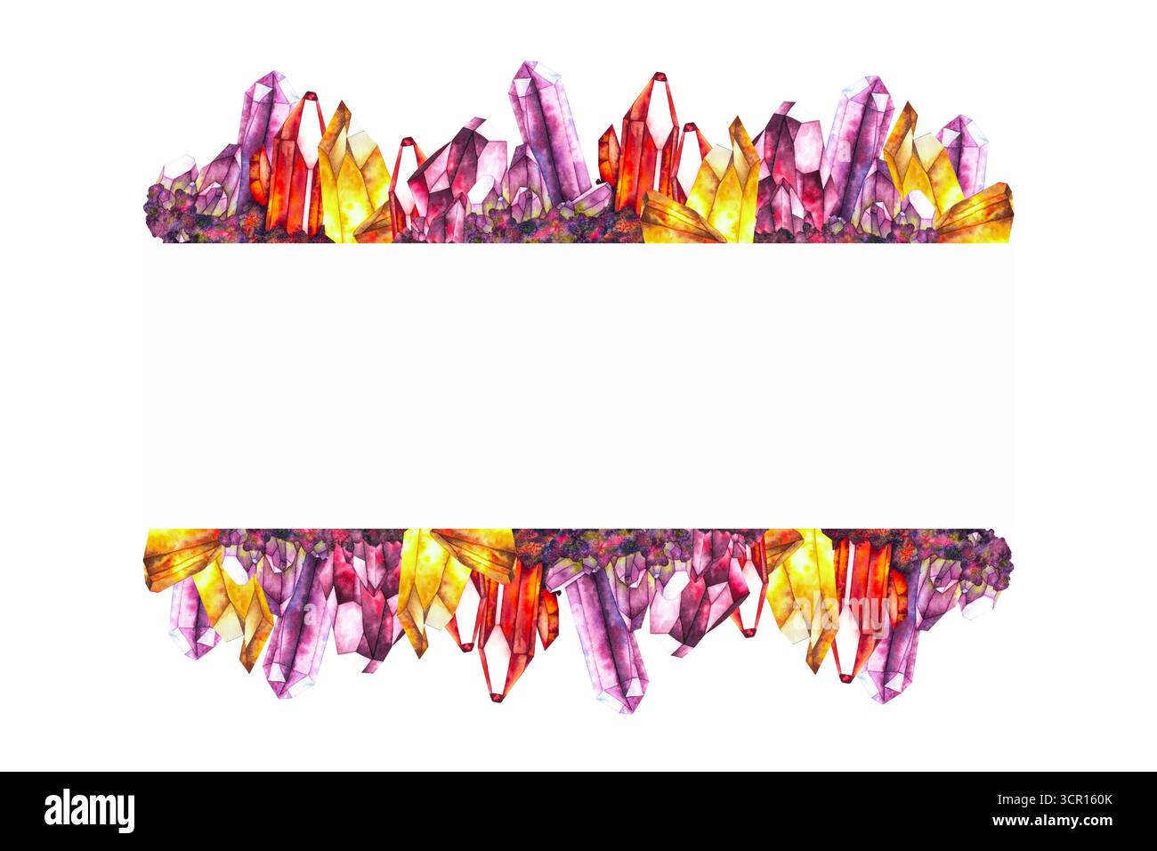 Aquarellillustration von vier Arten von Kristallen: Amethyst-Lila, Rubinrot, Granat-tiefrot und Citrin-Goldgelb, jeweils mit Texturen Rahmen Kranz dargestellt. Für esoterische und magische Designs. Stockfoto