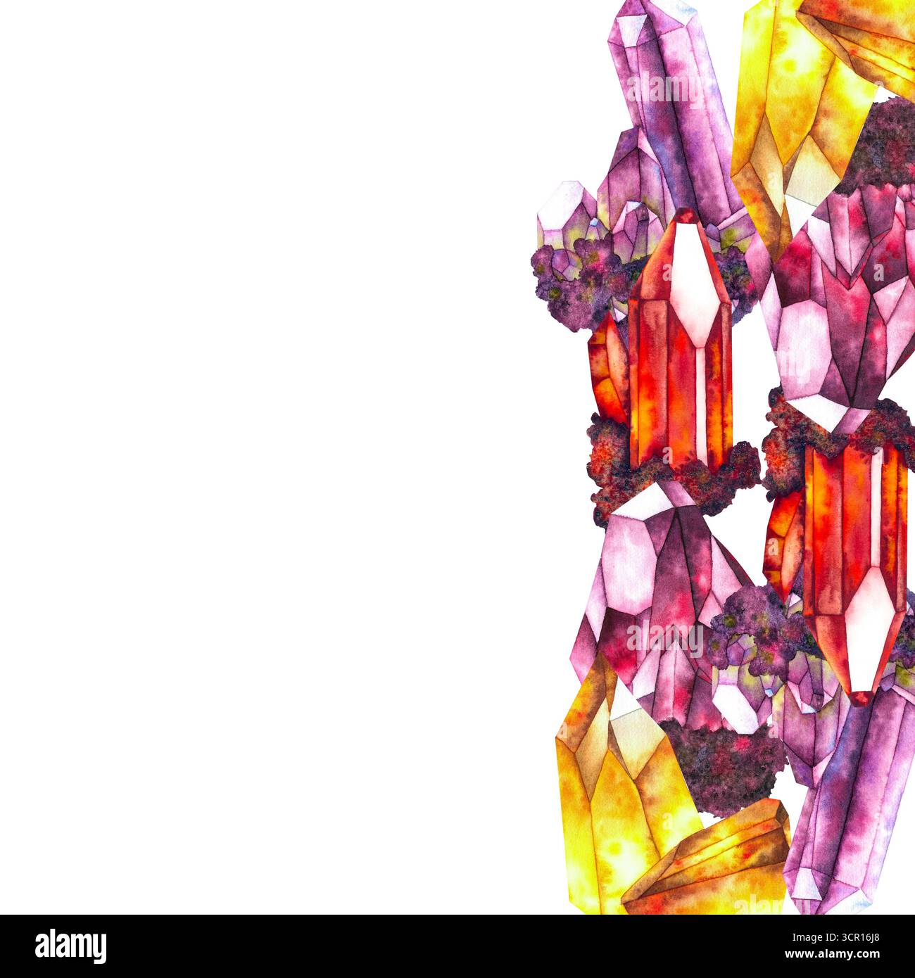 Aquarellillustration von vier Arten von Kristallen: Amethyst-Lila, Rubinrot, Granat-tiefrot und Citrin-Goldgelb, jeweils mit Texturen Rahmen Kranz dargestellt. Für esoterische und magische Designs. Stockfoto