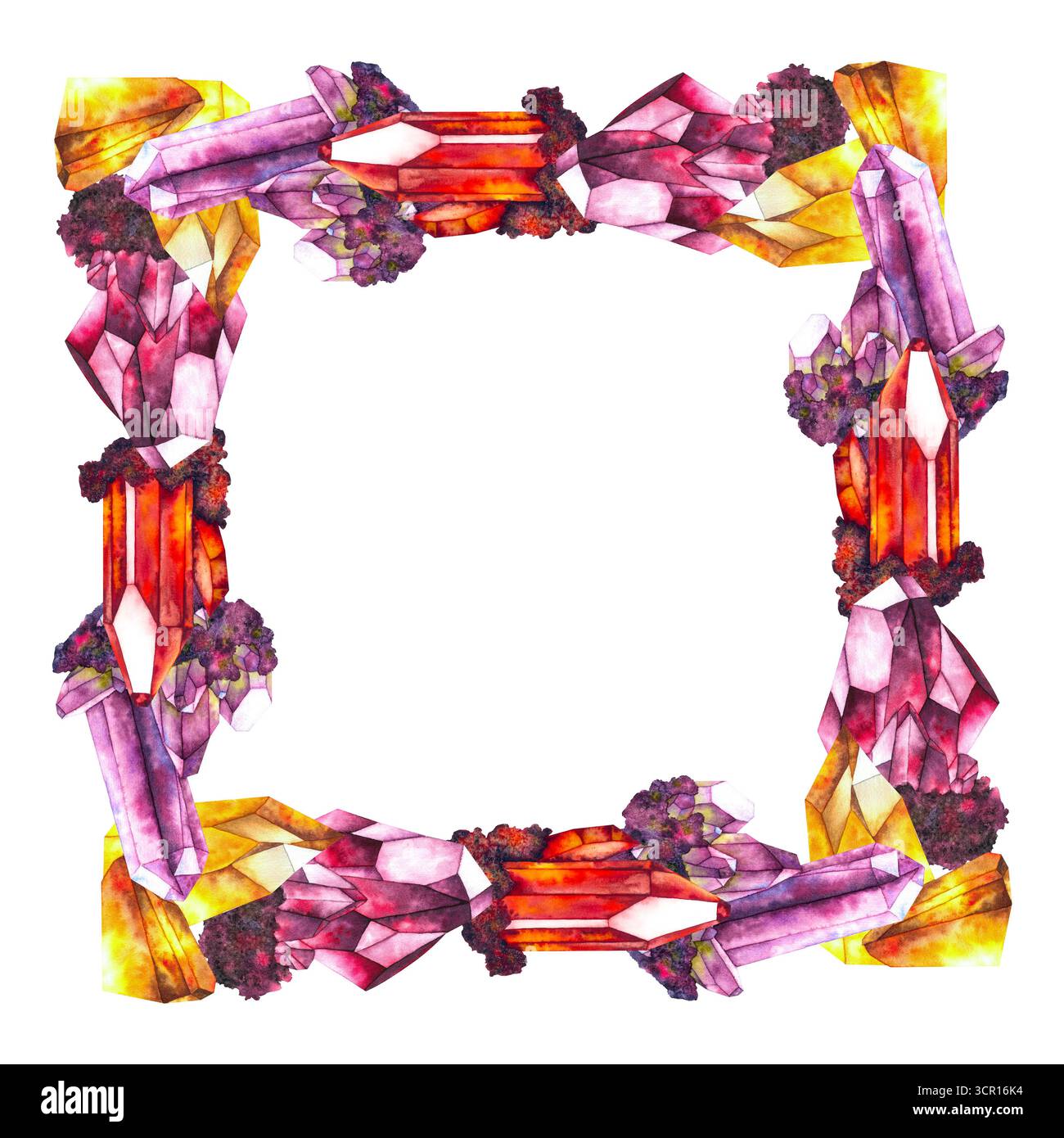 Aquarellillustration von vier Arten von Kristallen: Amethyst-Lila, Rubinrot, Granat-tiefrot und Citrin-Goldgelb, jeweils mit Texturen Rahmen Kranz dargestellt. Für esoterische und magische Designs. Stockfoto
