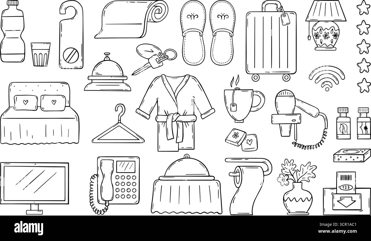 Kritzeln Sie Hotelelemente. Handgezeichnete Motel-Ikonen, Jugendherberge-Innenmöbel und -Accessoires. Badartikel, Koffer, Kleiderbügel, neoterische Vektor-Set Herkunft Stock Vektor
