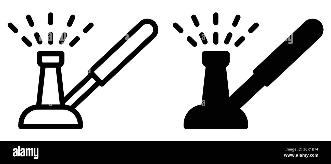 Detaillierte Darstellung eines Bunsenbrenners in zwei Stilen: Umriss und Festkörper, die ein lebenswichtiges Laborwerkzeug für Heizung und Experimente in Wissenschaftlern zeigen Stock Vektor