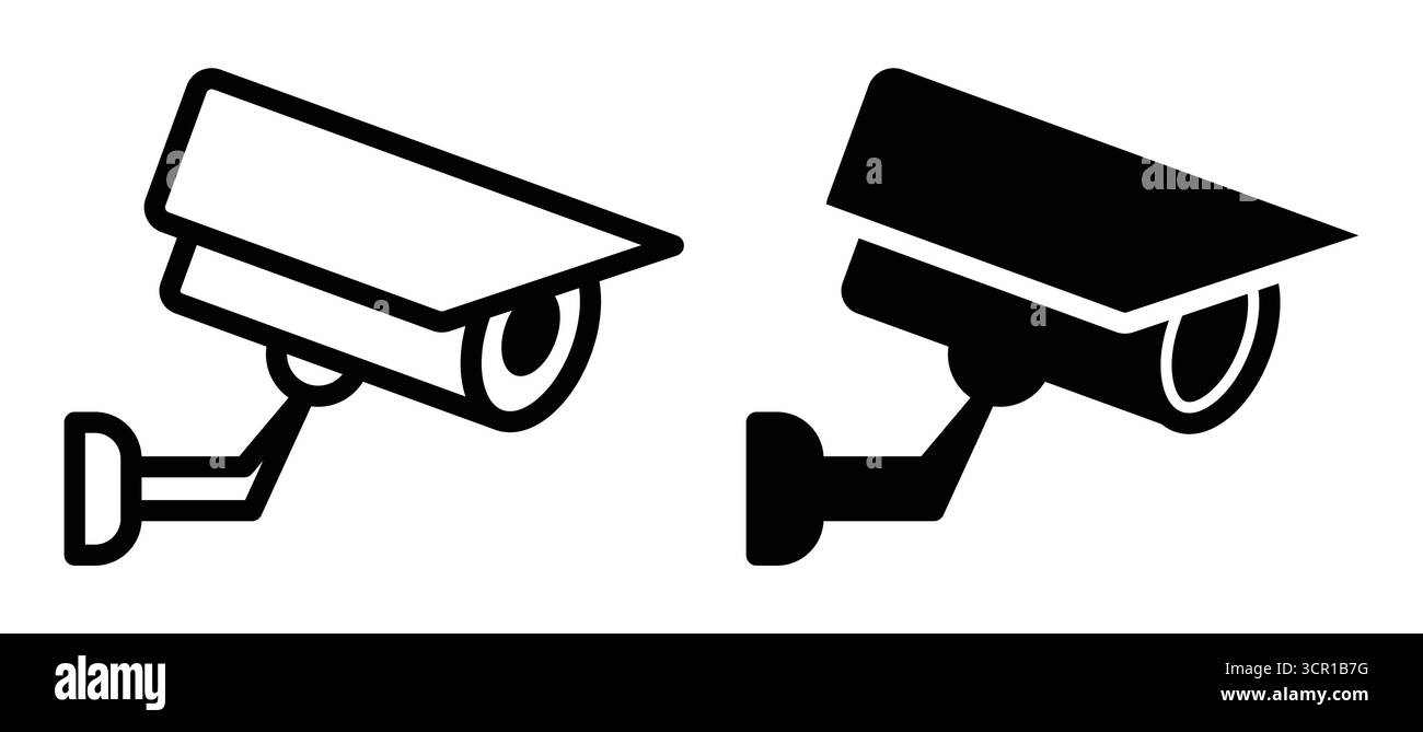 Dieses Bild zeigt einfache Schwarzweiß-Symbole von Sicherheitskameras für den Einsatz in digitalen Designs. Perfekt für die Präsentation von Überwachungstechnologie und saf Stock Vektor