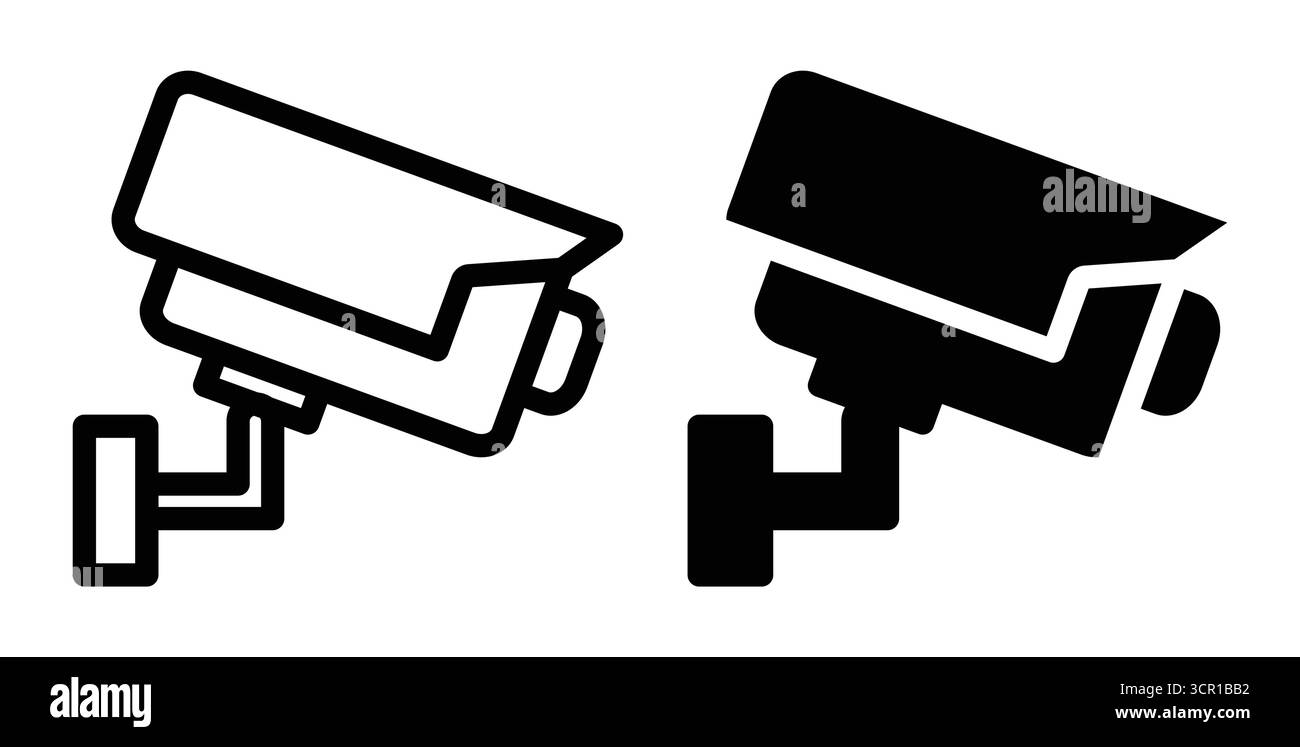 Einfache grafische Schwarzweiß-Illustration von Überwachungskameras, die die Sicherheitstechnik zeigen. Ideal zur Förderung von Überwachungskonzepten und saf Stock Vektor