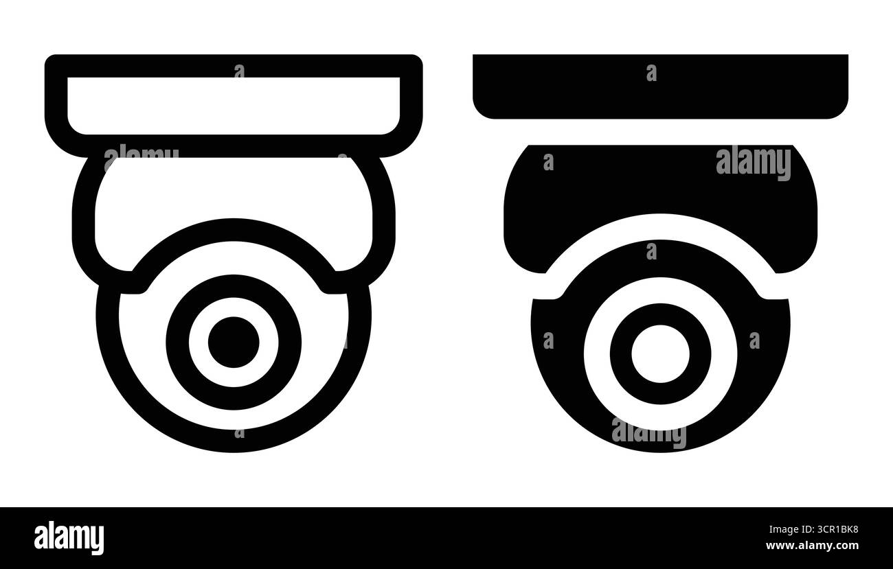 Einfache Schwarzweiß-Symbole von Sicherheitskameras stehen für Überwachung und Schutz. Ideal zur Veranschaulichung von Konzepten in Bezug auf Sicherheit, Überwachung, Stock Vektor