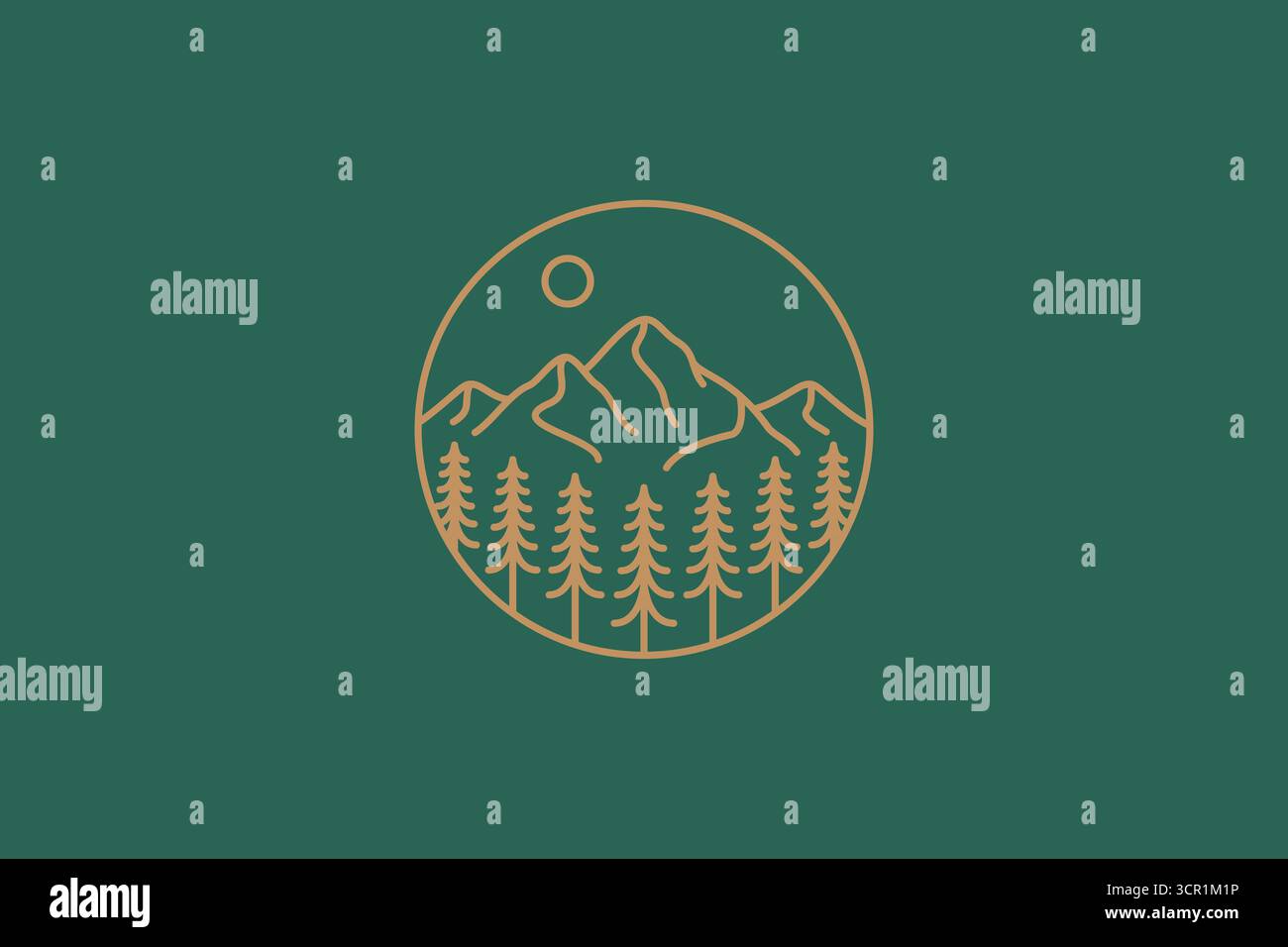 Abzeichen mit abstraktem Logo in Bergwelt und Wald im Monoline-Stil Stock Vektor