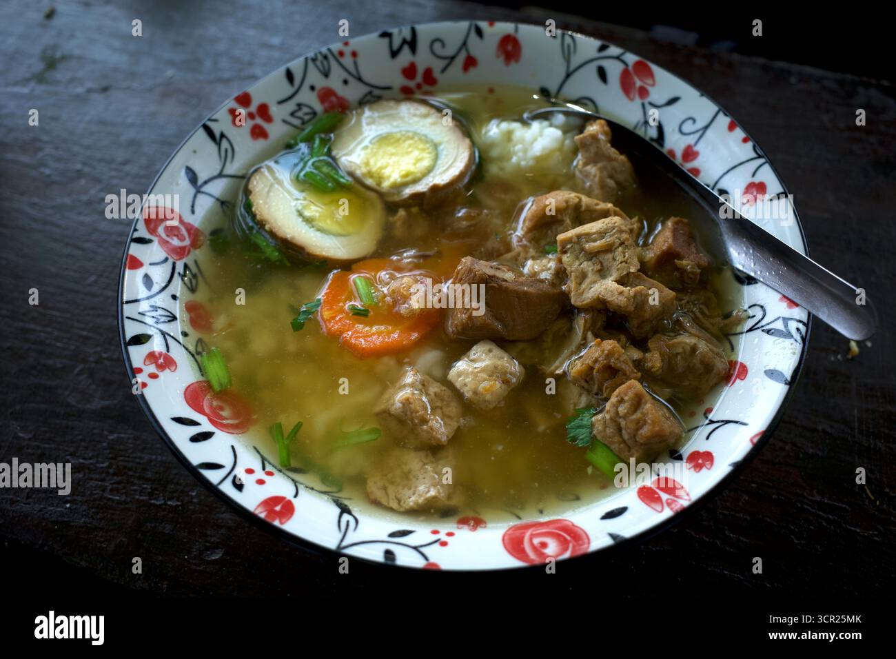 Nasi Bakmoy, ein indonesisches Reisgericht mit chinesischen kulinarischen Einflüssen, mit weißem Reis, garniert mit herzhaftem Huhn, gebratenem Tofu in Würfel und einem gekochten Ei. Stockfoto