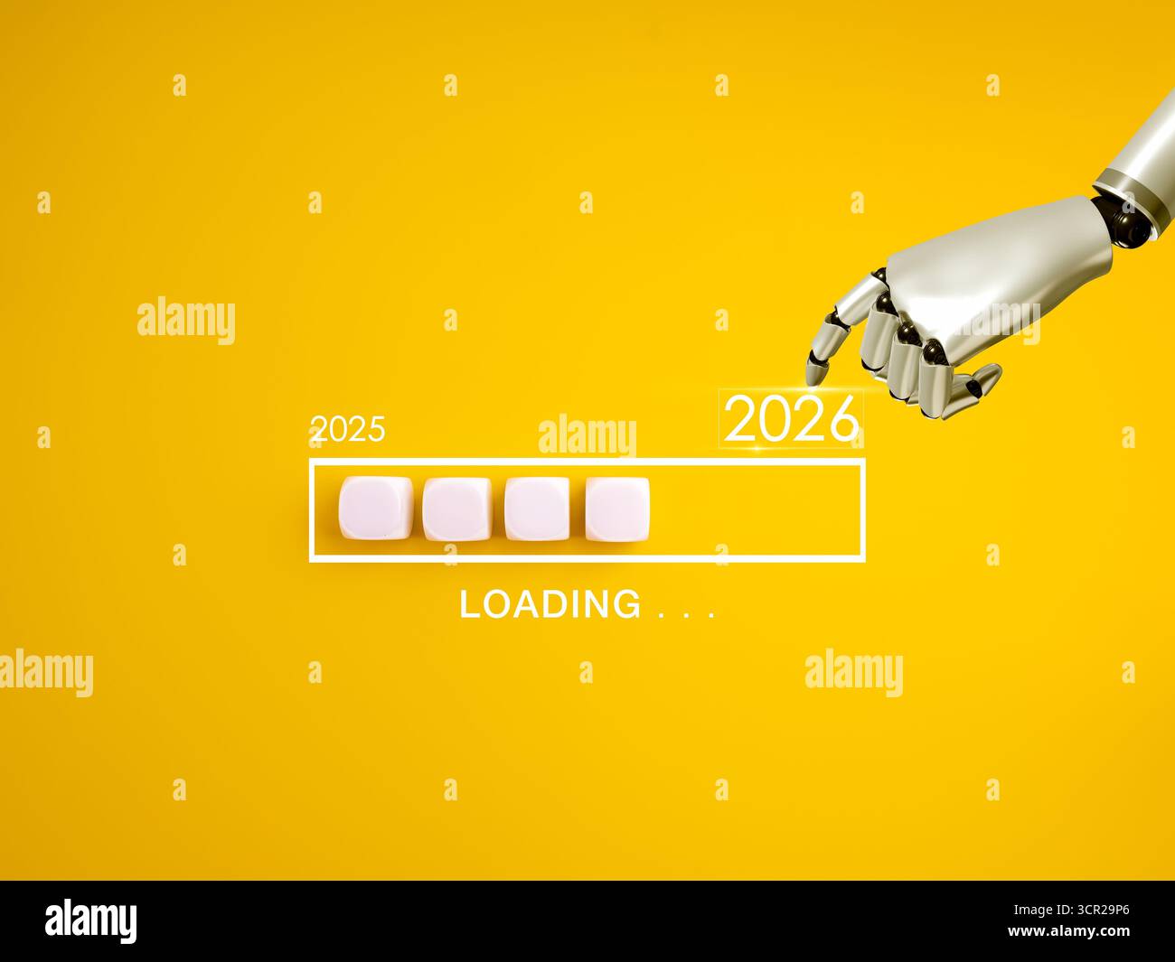 Kreatives Ladekonzept für das neue Jahr 2026 mit robotischer KI-Hand zeigender Fortschrittsanzeige. Symbol für digitale Transformation, Innovation, Zukunftstechnologie, Stockfoto