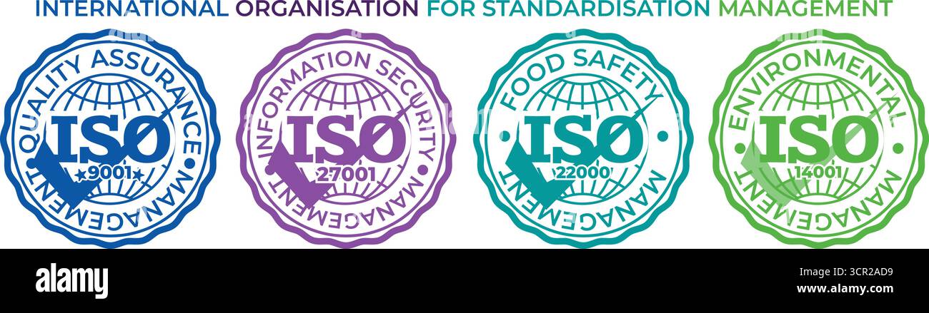 Runde ISO-Zertifizierungsabzeichen für Qualitätssicherung, Lebensmittelsicherheit, Informationssicherheit und Umweltstandards Stock Vektor
