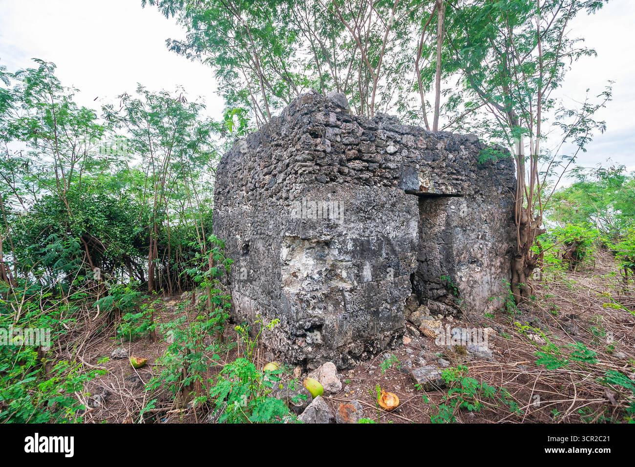 Ein verlassener viereckiger Wachturm aus Stein, der während der spanischen Kolonialzeit in Cebu auf den Philippinen errichtet wurde Stockfoto