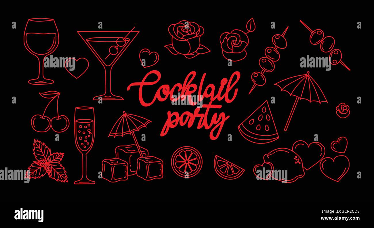 Cocktailparty Neonlinie Illustration mit Getränken Früchten und Partyelementen auf dunklem Hintergrund Nachtleben Konzept Stock Vektor