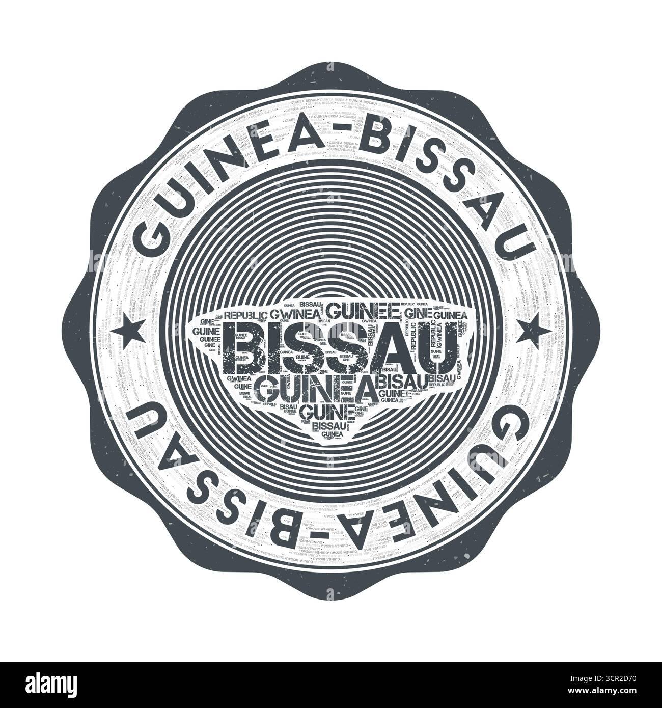 Guinea-Bissau-Siegel. Country Round Logo mit der Form Guinea-Bissau und dem Ländernamen in einer mehrsprachigen Wortwolke. Authentisches Emblem. Stock Vektor