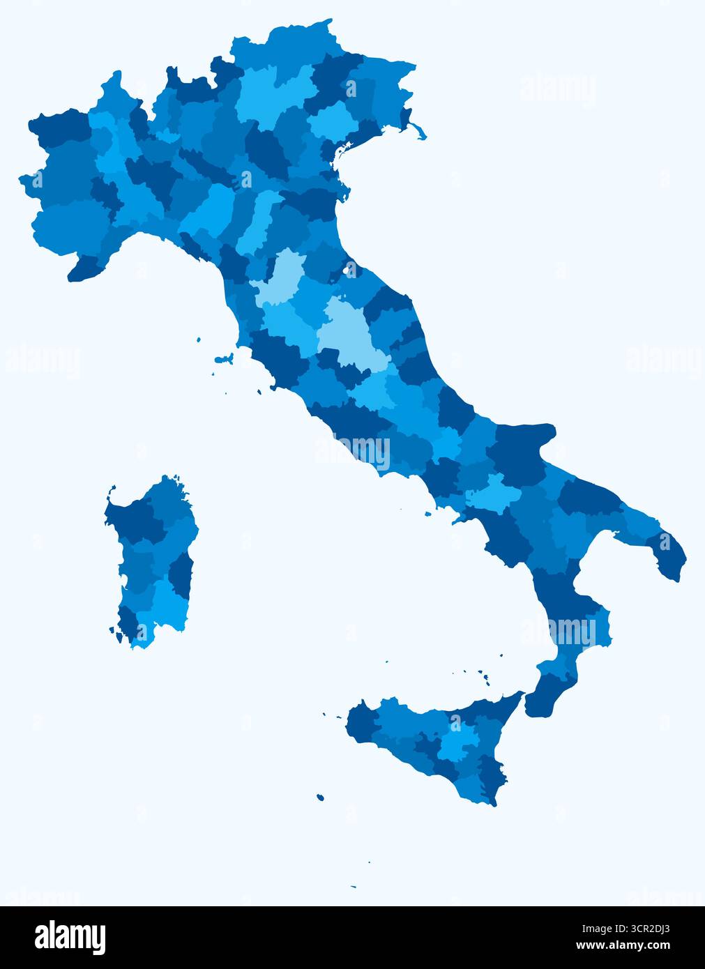 Karte von Italien mit Regionen. Nur eine einfache Ländergrenzkarte mit regionaler Aufteilung. Hellblaue Farbpalette. Stock Vektor