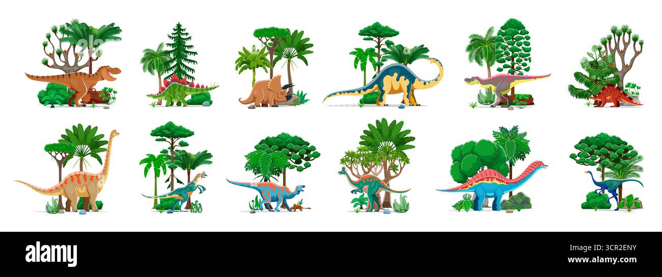 Prähistorische Dinosaurierfiguren mit Dschungelbäumen, Zeichentrickset. Vektor-jurassic Dinos-Persönlichkeiten von lustigen tyrannosaurus, triceratops und Brachiosaurus. Ausgestorbene Stegosaurier und tarbosaurus-Dinosaurier Stock Vektor
