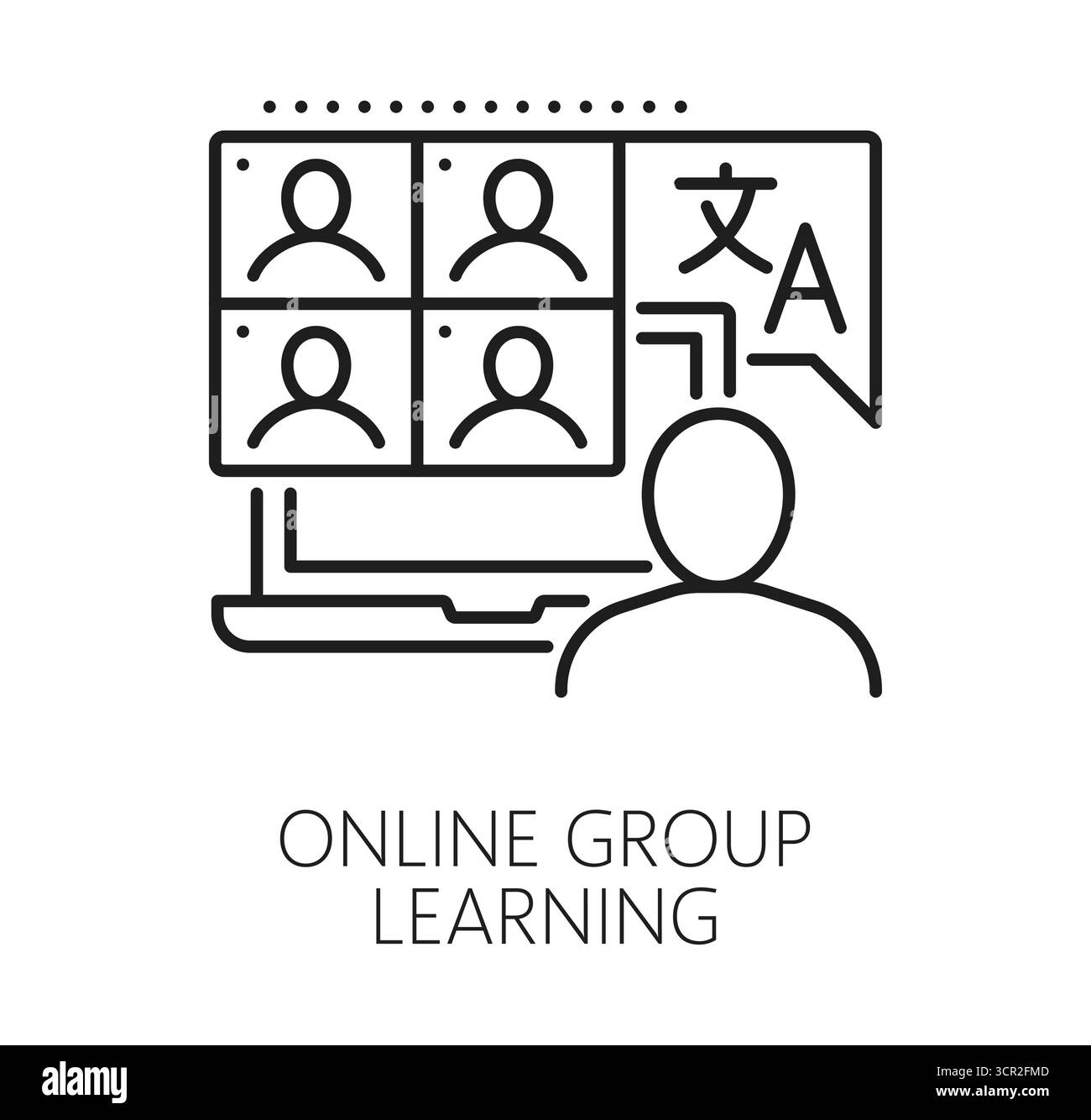 Online-Lernen in englischer Sprache und Zeilensymbol oder -Schild für Übersetzungen. Englische Übersetzung dünne Linien Vektorsymbol oder -Symbol. Piktogramm für Fremdsprachenerwerb mit Schüler, die an Online-Kursen teilnehmen Stock Vektor