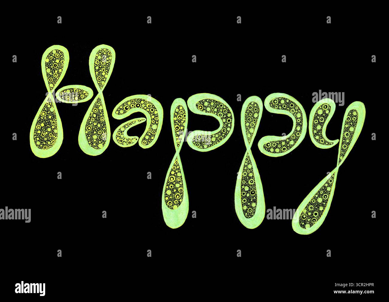 Doodle-Schriftzug-Wort glücklich. Isoliert auf schwarzem Hintergrund. Verschiedene Grüntöne, gelbe Farbe. Abgerundete Buchstaben. Kontur mit unterschiedlicher Dicke an verschiedenen Stellen. Gefüllt mit Kreisen und Punkten. Stockfoto