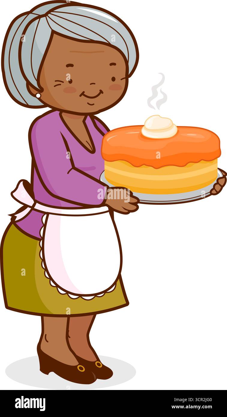 Oma hält einen heißen hausgemachten, frisch gebackenen Kürbiskuchen. Die alte Dame serviert Thanksgiving Kuchen Dessert aus der Küche. Kürbiskuchen mit Schlagsahne. Stock Vektor
