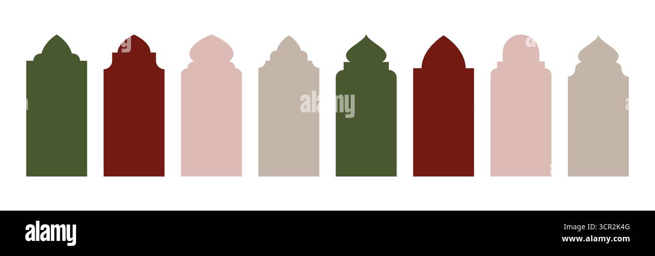 Islamische Bogenrahmen-Kollektion mit dekorativen Silhouetten im Moschestil für kulturelle Designs oder architektonische Elemente. Traditionelle nahöstliche Grenzen für Einladungen oder religiöse Kunstwerke. Stock Vektor
