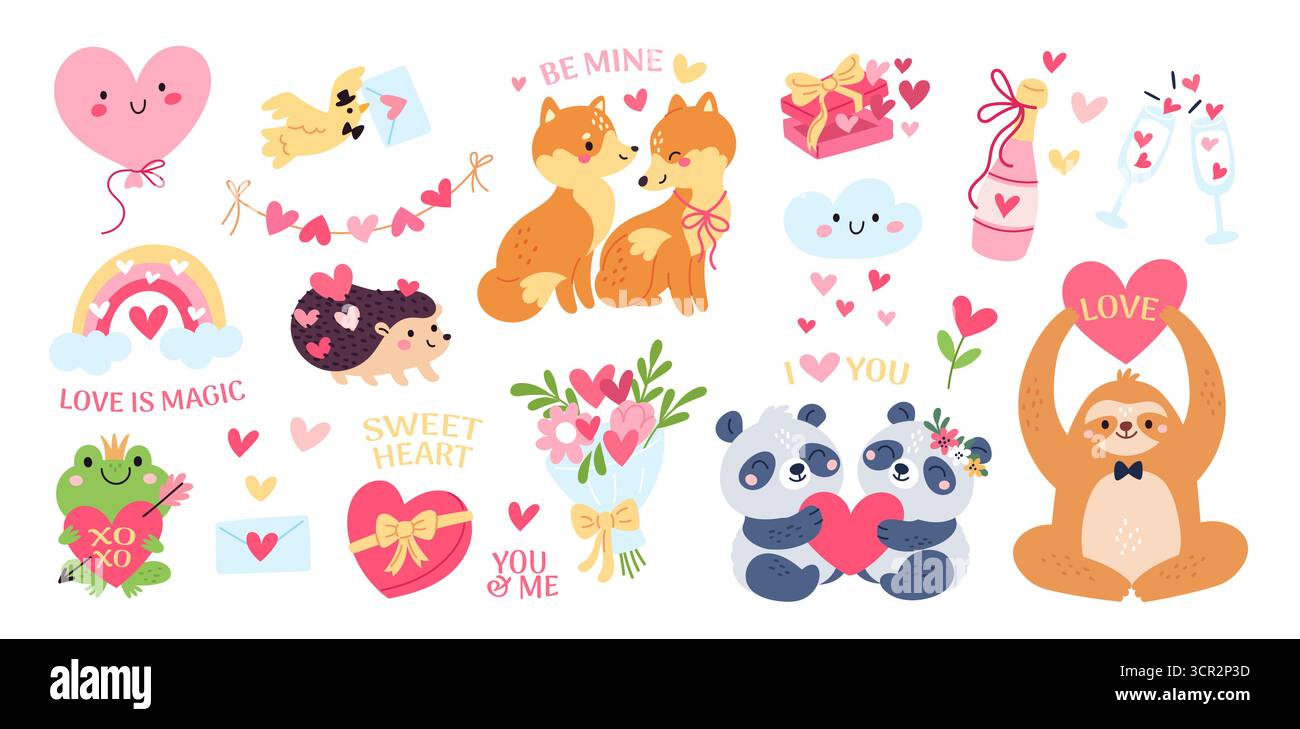 Liebe und romantische Elemente. Comic lustige Tiere, Fauna-Charaktere zum valentinstag, süße Pandas, Füchse und Froschaufkleber, Geschenke und Blumen Stock Vektor