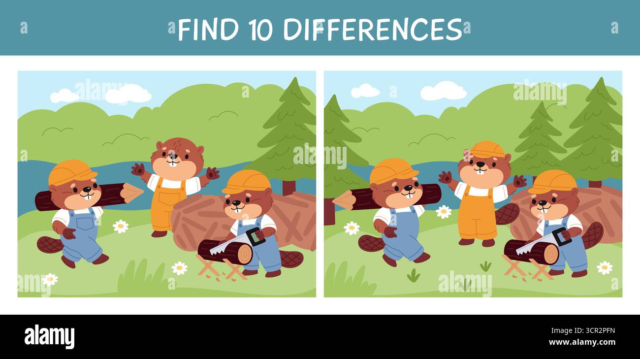 Süße Biber. Lernspiel für Kinder, finde Unterschiede, entwickle Achtsamkeit, lustige Tiere im Overall, die Damm bauen, braune Nagetiere isoliert Stock Vektor