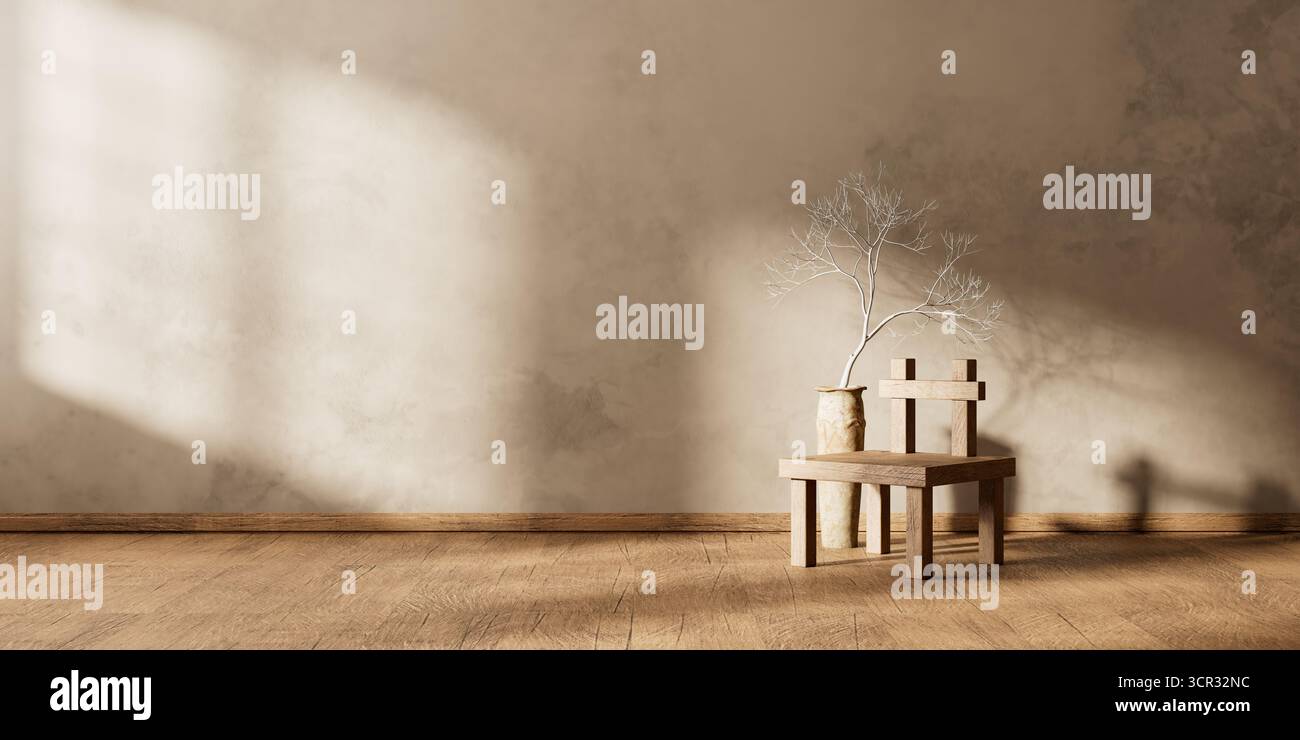 Holzstuhl und Keramikvase auf rustikalem Boden verleihen dem Innenraum einen ästhetischen und minimalen Touch und verbinden natürliche Texturen mit zeitlosen Elementen Stockfoto