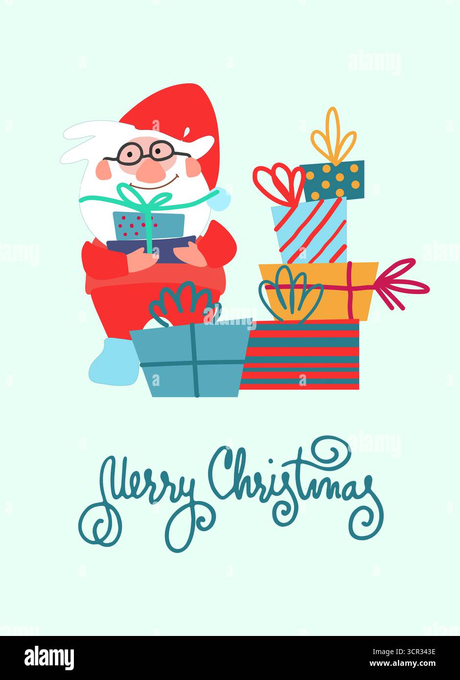 Frohe Weihnachten Grußkarte Design. Handgezeichneter lustiger Weihnachtsmann mit Geschenkpaketen Stock Vektor