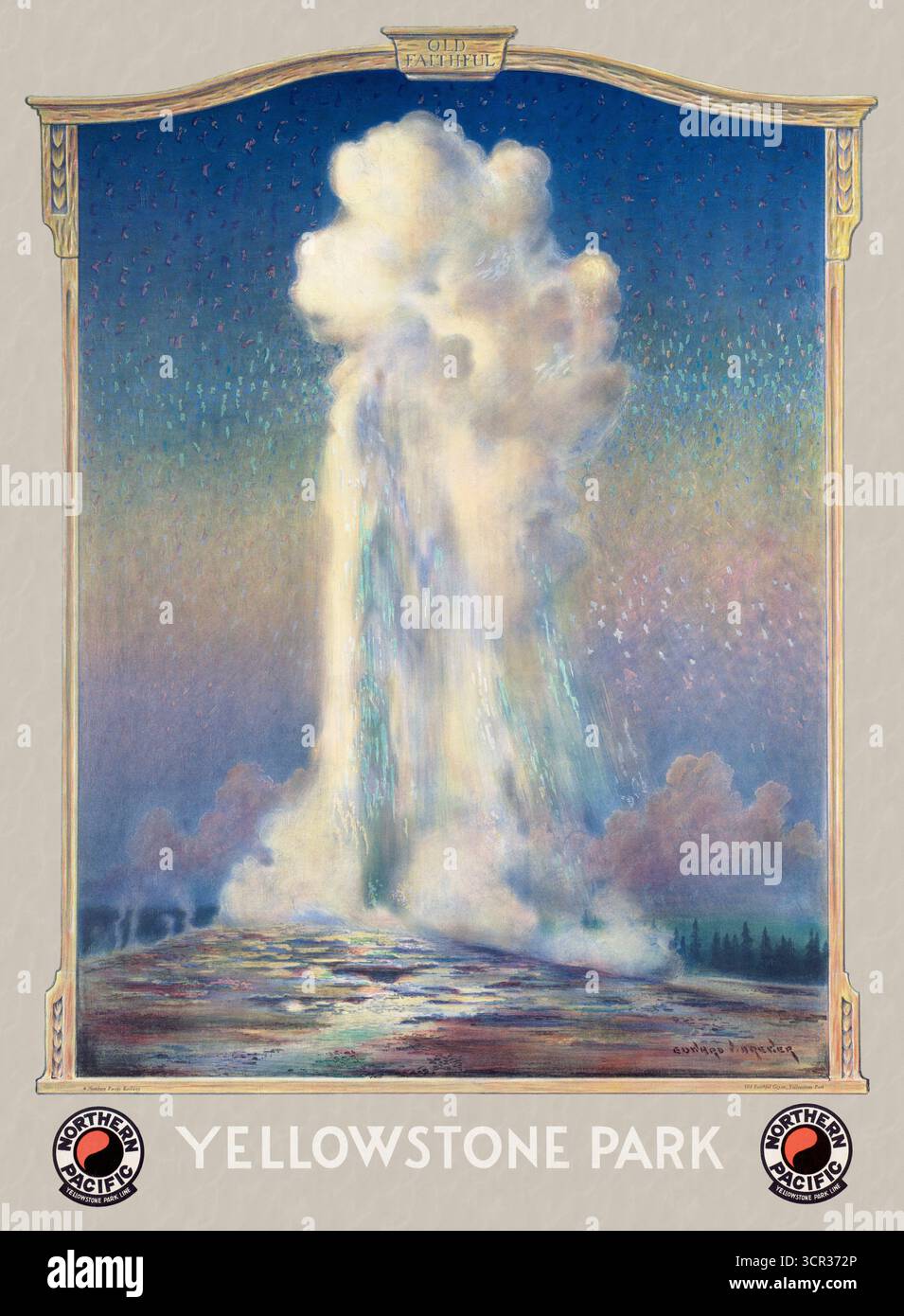 Yellowstone Park. Old Faithful von Edward Vincent Brewer (1883–1971). Poster erschien um 1930 in den USA. Stockfoto
