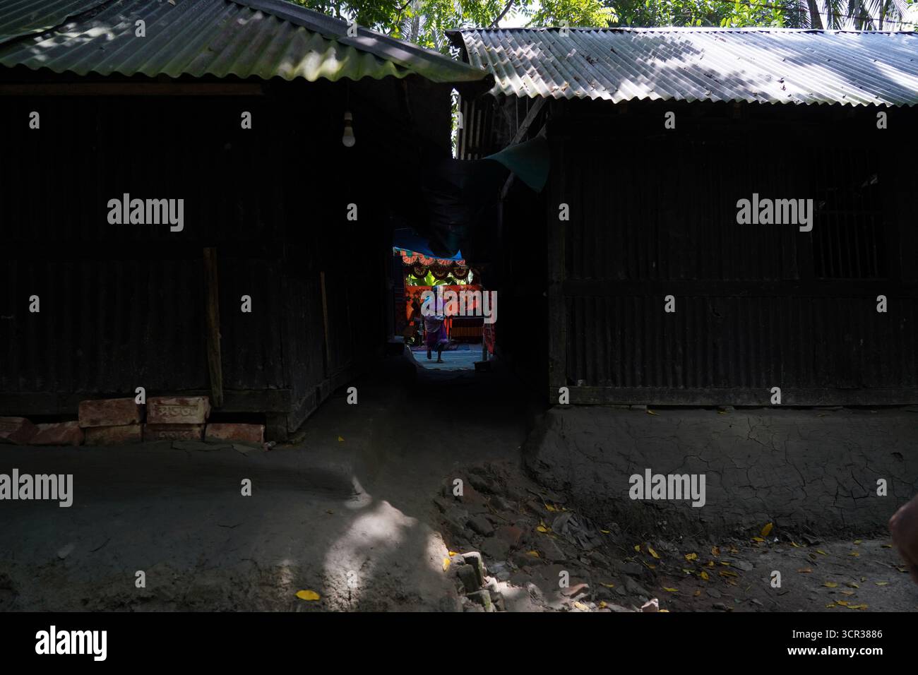Dhaka, Dhaka, Bangladesch. September 2025. Mit der Ankunft des Herbstes in Bengalen läutet der Duft der Sheuli-Blüten das Aufkommen von Durga Puja ein. Der Rhythmus des Dhak, der Klang der Muschel und die frische Verzierung der Natur schaffen zusammen eine festliche Atmosphäre. Am 29. September 2025, dem Tag von Maha Saptami, konnte man bei der Überquerung von schlammigen Straßen und einer provisorischen Brücke aus Betelnussbäumen eine einzigartige ländliche Feier von Durga Puja im Boral Bari im Dorf Swarupkathi erleben. Mit bunten Blumen, den Takten des Dhak und der anmutigen Teilnahme von Dorffrauen, der Anbetungskredit Stockfoto