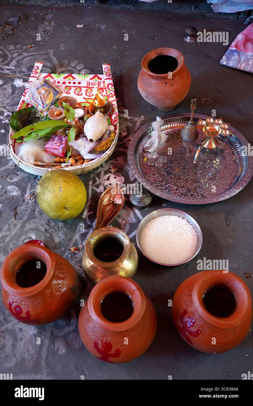 Dhaka, Dhaka, Bangladesch. September 2025. Mit der Ankunft des Herbstes in Bengalen läutet der Duft der Sheuli-Blüten das Aufkommen von Durga Puja ein. Der Rhythmus des Dhak, der Klang der Muschel und die frische Verzierung der Natur schaffen zusammen eine festliche Atmosphäre. Am 29. September 2025, dem Tag von Maha Saptami, konnte man bei der Überquerung von schlammigen Straßen und einer provisorischen Brücke aus Betelnussbäumen eine einzigartige ländliche Feier von Durga Puja im Boral Bari im Dorf Swarupkathi erleben. Mit bunten Blumen, den Takten des Dhak und der anmutigen Teilnahme von Dorffrauen, der Anbetungskredit Stockfoto