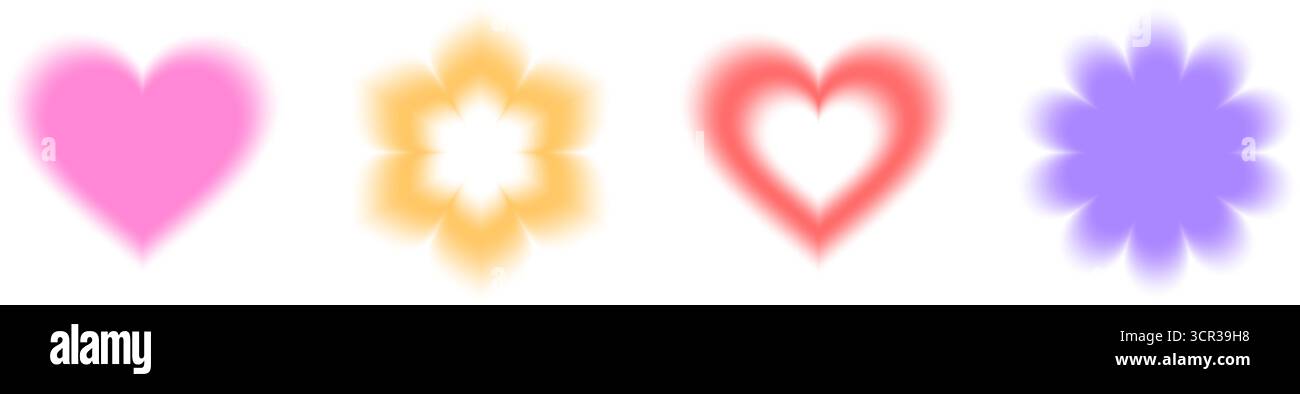 Y2K-Aura-Unschärfe-Formen mit weichen Farbverläufen – rosafarbenes Herz, gelbe Blume, rotes Liebessymbol und lila Blüte. Stock Vektor