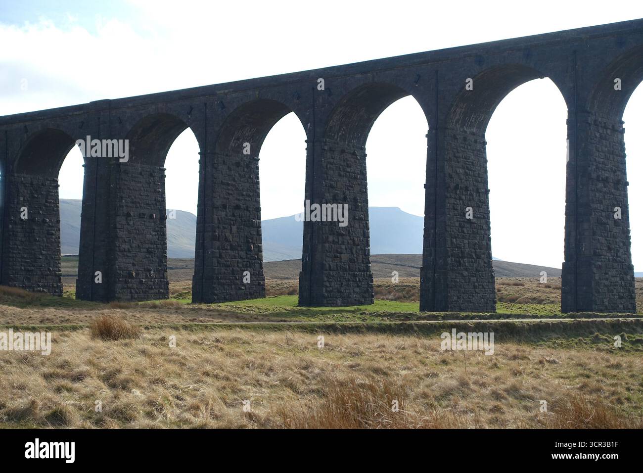 Ingleborough durch das Ribblehead Railway Viaduct auf dem 3 Peaks Trail in Ribblesdale, Yorkshire Dales National Park, Yorkshire, England, Großbritannien. Stockfoto