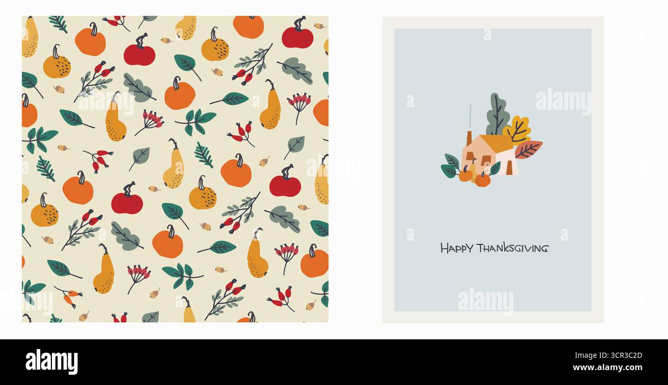 Set aus Happy Thanksgiving Karte und Muster für Feiertagsverpackungen, Wohnkultur und Textilien mit Landhaus, Kürbisse Stock Vektor